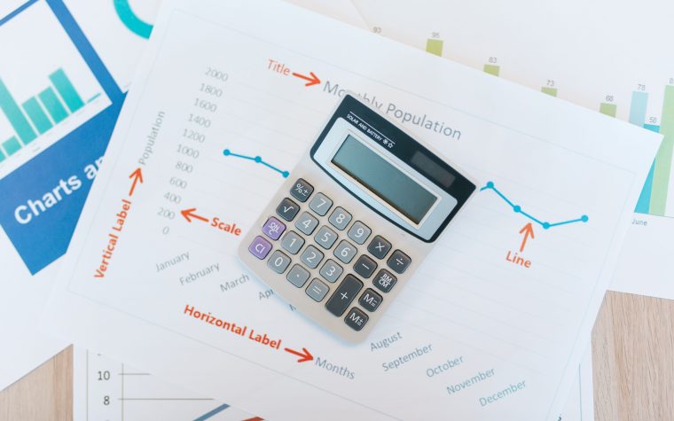 Calculatrice sur graphiques financiers et documents commerciaux